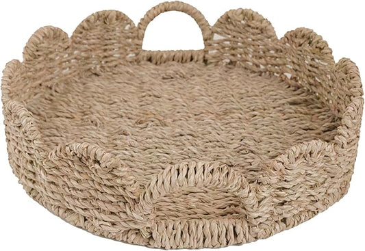 GYASVWU Seagrass Scalloped Tray with Handles,Round Rattan Serving Trays for Coffee Table,Woven Tray for Ottoman Decorative and Organizer Trays (Seagrass)