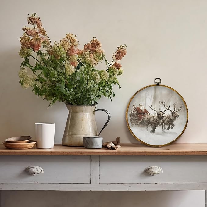 QZQE Vintage Christmas Santa and Reindeer Round Wall Art Decor Framed, Xmas Snowy Winter Circle Canvas Prints, Rustic Cozy Winter Circular Wall Hanging Decor for Home Bedroom Living Room, 10x10 Inch