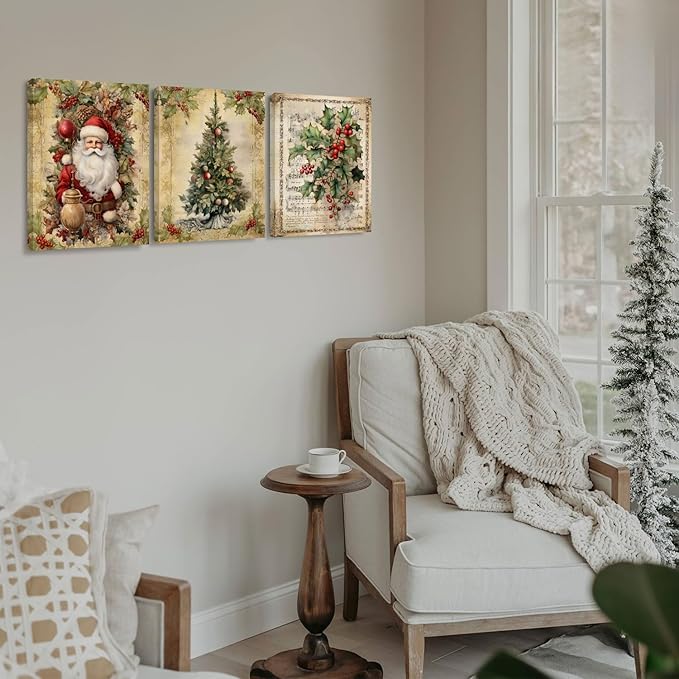 DSHFG Vintage Christmas Wall Art Xmas Decor, Santa Claus Decor Retro Christmas Tree Canvas Wall Art for Home Bedroom Living Room Office, Housewarming Gifts for Women, 14x11 Inch Framed