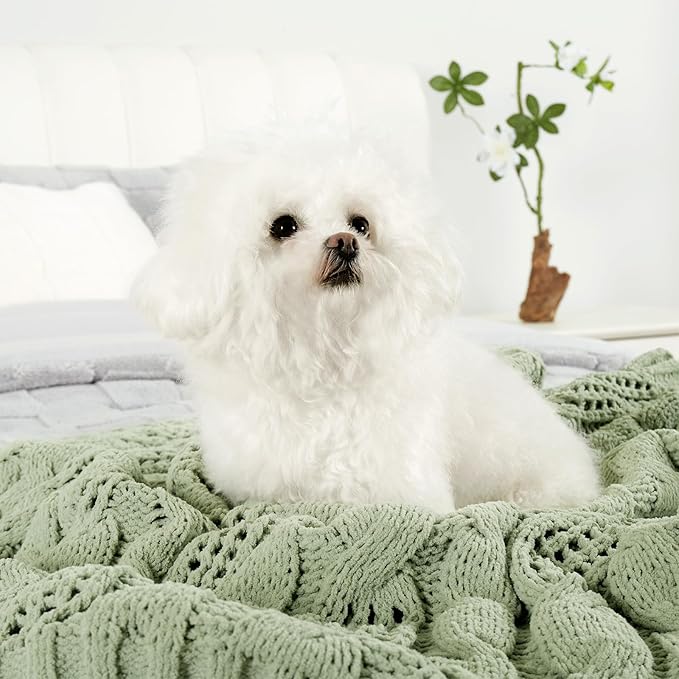 Amélie Home Chunky Knit Chenille Throw Blanket, Dual-Sided Soft Chenille Breathable Cable Knitted Blanket for Couch, Farmhouse Decorative Throw for Sofa & Chair, 60"x80", Sage Green