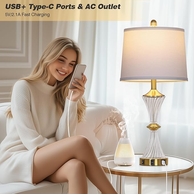 Crystal Glass Table Lamp Set of 2 with USB C+A Ports & AC Outlet, White Lamp, Modern Bedroom Lamps, Gold Lamp for Night Stands Bedroom Living Room,Nightstand Lamp LED Bulbs Included