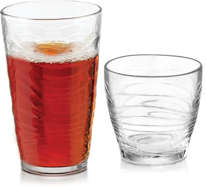 Libbey Orbita Tumbler and Rock Glass Set, Durable, Chip-Resistant Glass Cups Set with Wave Pattern, Glasses Drinking Set of 16 for Any Occasion
