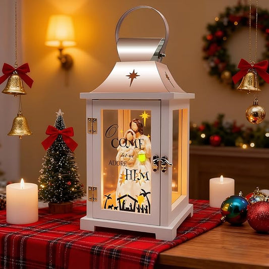 Christmas Nativity Set for Table Centerpieces, Nativity Christmas Lantern for Modern Farmhouse Decor, Hanging Candle Lantern for Xmas Home Decor Indoor, Resin Nativity Figurine
