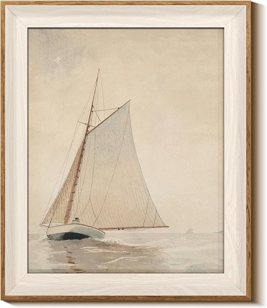 InSimSea Framed Canvas Wall Art of Large Coastal Sailboat - Wall Decor Classical Coastal Art Work Living Room Decor, White Sailboat Sea Gallery Oil Painting Art, Large Home Decor Artwork 10x12In