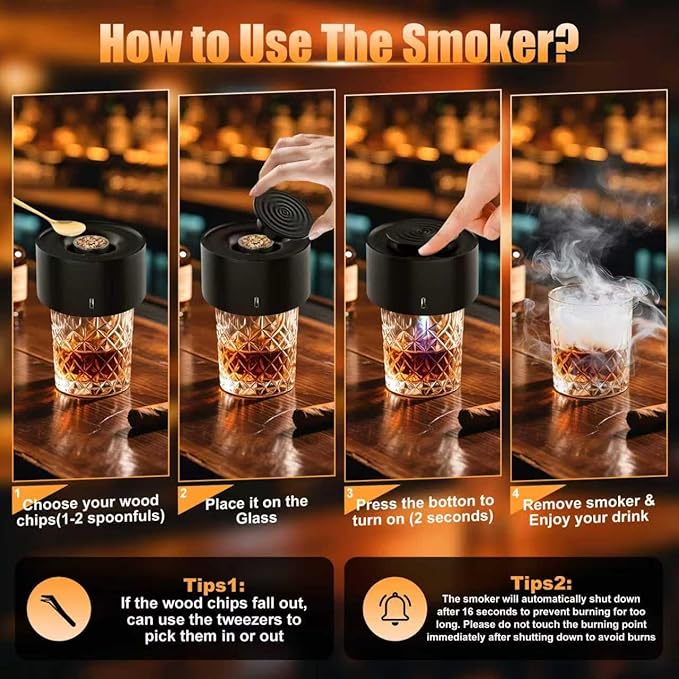 Electric Whiskey Smoker Kit with Rechargeable Built-in Lighter & LED Light, No Butane Needed, 6 Flavored Wood Chips for Old Fashioned Smoker Kit, Bourbon, Cocktail Gifts for Men Dad Husband Friends