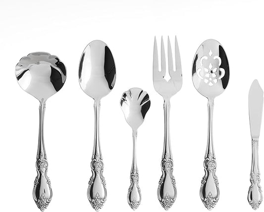 Oneida Silverware Serving Utensils Set of 6, Louisiana 6-Piece Fine Flatware Serveware Set, Serving Spoons Fork Ladel & Spreader, 18/8 Stainless Steel, Mirror Finish, Dishwasher Safe (Silver 6 Pieces)