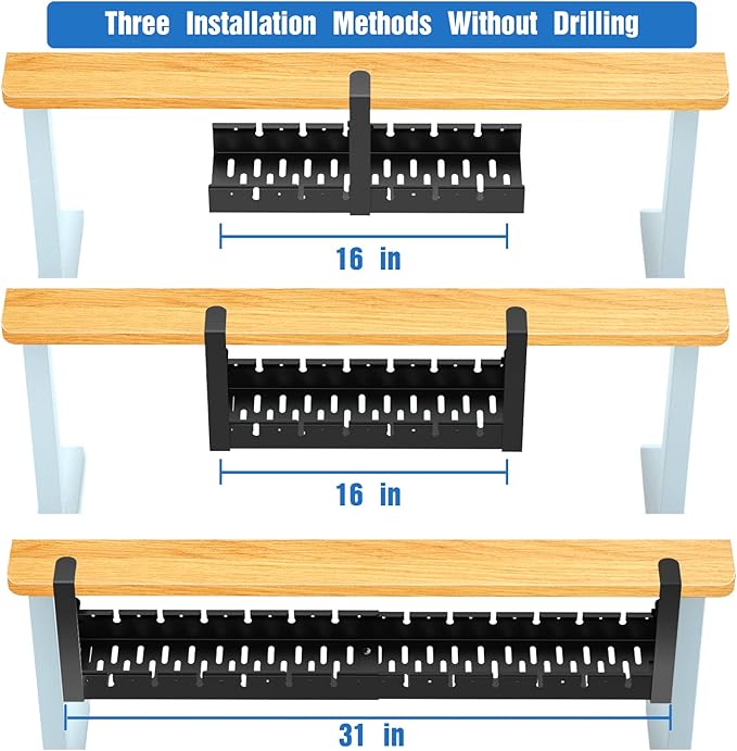 No Drilling Extendable Under Desk Cable Management, Metal Cable Management Tray Under Desk with Clamp, Retractable Power Strip Cord Holder for Wire Management 31Inch(1 Pack Black Extendable 31')