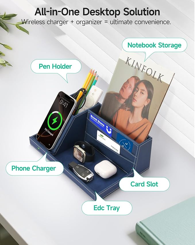 Desk Organizer with Charging Station, Nightstand Organizer Phone Docking Station, Men Gift Husband Wife Anniversary Dad Birthday Nightstand Purse Father Graduation Male Travel Idea Gadgets