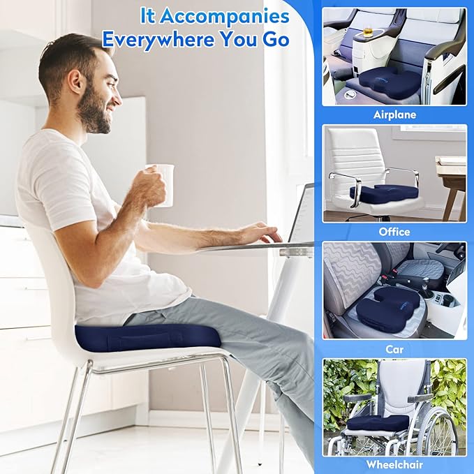 Office Chair Cushions, Memory Foam Coccyx Cushion for Tailbone Pain Office Chair Car Seat, Sciatica, Coccyx, Lower Back Pain Relief (Blue)