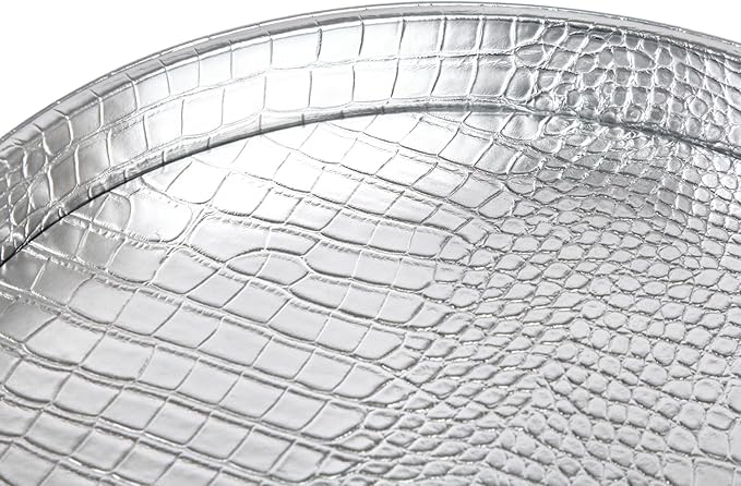 HofferRuffer Faux Leather Round Serving Tray, Vegan Croco Leather Decorative Tray, Food Tray for Storage Drinks, Snack & Cosmetics, Dia.12'' x 1.6'' (Silver)