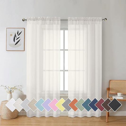 Aiyufeng Beautiful Sheer Curtains for Living Room, Chic Sheer Curtains Window Treatment Semi Sheer Privacy Drapes for Farmhouse/Cottage, W40 x L72, Ivory, 1 Pair