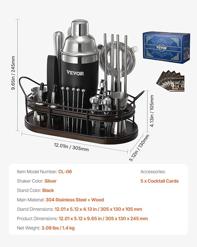 VEVOR Cocktail Shaker Set, 23-Piece Stainless Steel Bar Tools with Bamboo Stand, Martini Bartender Kit Accessories | Mixer Spoon, Muddler, Jiggers, Strainer, Liquor Pourers, Ice Tong, Corkscrew