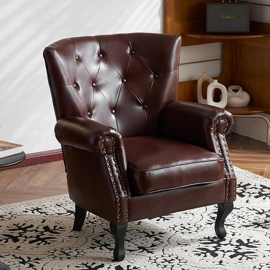 Modern Faux Leather Accent Chair, Upholstered Mid-Century Armchair with Solid Wood Legs, Single Sofa Chair for Living Room, Bedroom, or Reading Room（Reddish Brown）