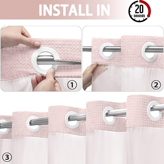 YellyHommy No Hook Shower Curtain with Snap in Liner Set Less Time Waffle Shower Curtain for Bathroom 75" L x 72" W Pink