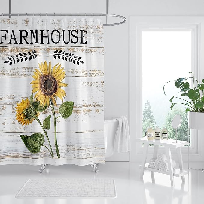 Domoku Sunflower Shower Curtain Farmhouse Rustic Shower Curtain Floral Spring Country Bathroom Curtains Set Waterproof Fabric with 12 Hooks (72 * 72inch/180cm*180cm)