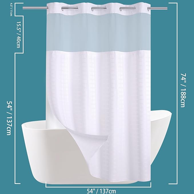 Conbo Mio Stall No Hook Shower Curtain with Snap in Liner Set, Hotel Luxury White Shower Curtains for Bathroom with See Through Top Window, Waterproof, Washable 54W x 74H