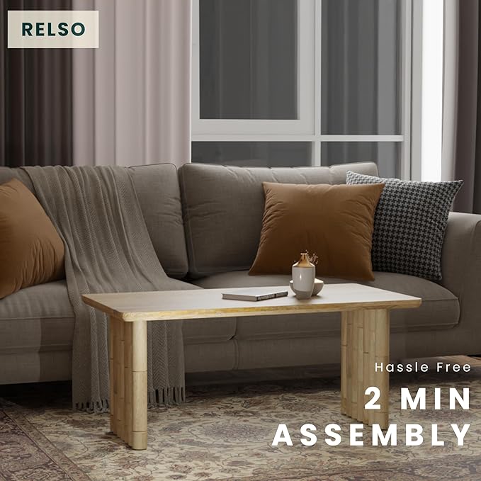 Bambos Coffee Table | Sold Mango Wood Center Table with Natural Finish | Handcrafted Accent for Living Room, Modern Decor, Apartment or Office | Bamboo Inspired Legs, Easy Assembly, Durable, Compact