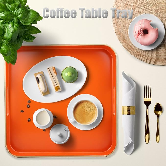 Orange Square Decorative Tray with Handles, 13"*13" Versatile Serving Tray for Coffee Table, Ottoman, Ideal for Serving, Displaying, Organizing