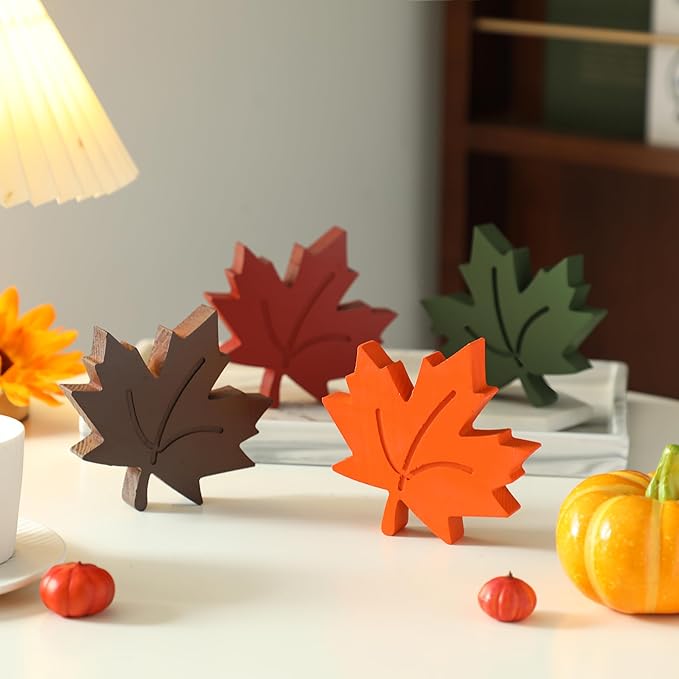 Amorita 4pcs Fall Leaves Decorations Farmhouse Thanksgiving Table Decor Centerpiece Wooden Maple Leaf Signs Block for Autumn Harvest Tiered Tray Party Shelf Display