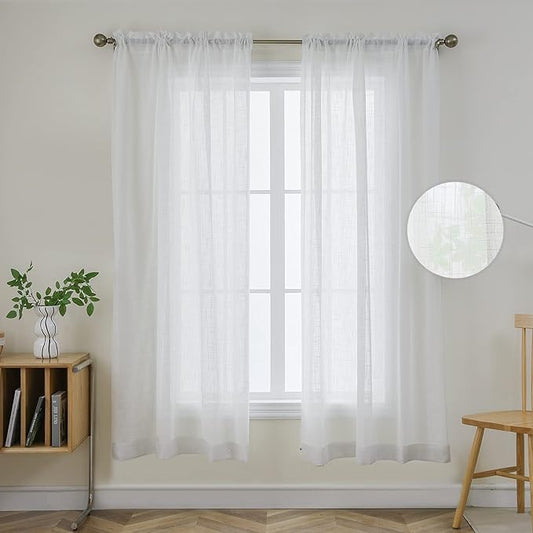 Joydeco White Sheer Curtains 63 Inch Length 2 Panels Set, Rod Pocket Linen Sheer Curtain Drapes, Voile Window Treatments for Bedroom Living Room (54x63 inch，Cross Pattern)