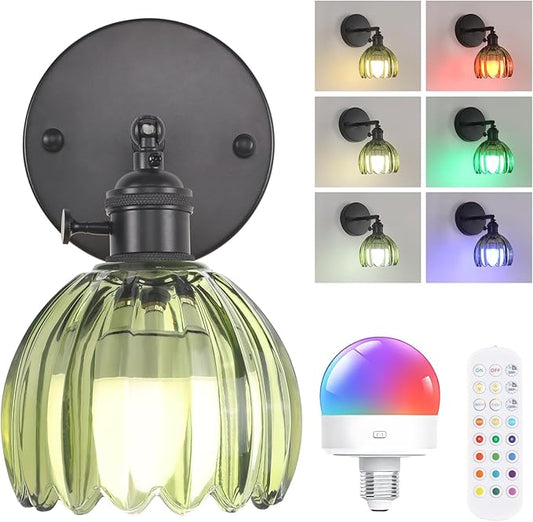 Vintage Battery Operated Wall Sconce with Cute Green Tulip Glass Lampshade Wireless Rechargeable Battery Powered Black Wall Light with Remote Control for Bedside Bedroom Doorway