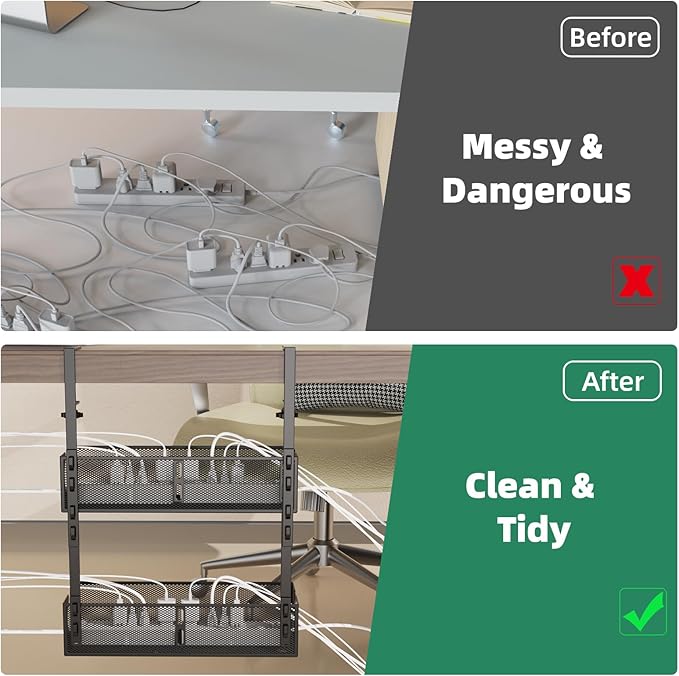 Multi-Model Under Desk Cable Management Tray 2 Packs Metal Under Desk Wire Management Clamp Mount Under Table Cord Management No Damage The Desk (Black)