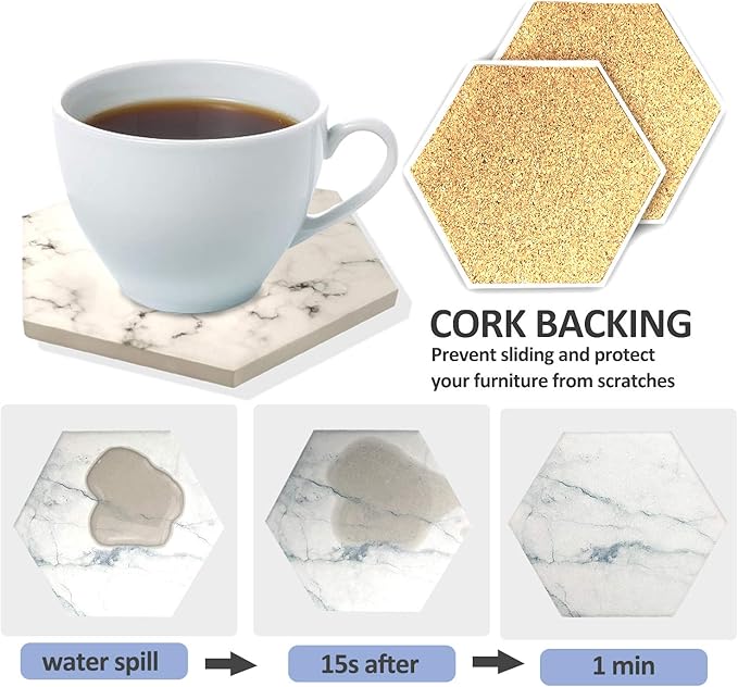 8 Pcs Drink Coasters with Metal Holder Stand, Marble Design Ceramic Coaster Set, Cork Base, for Tabletop Protection, Home Decor, Bar Coasters (Black+White)