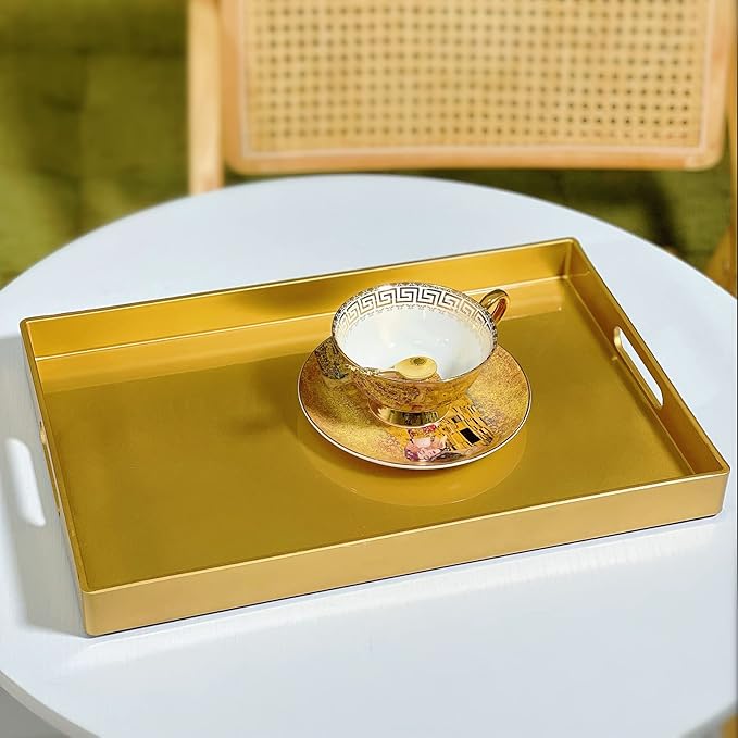 Zosenley Decorative Tray, Rectangular Plastic Tray with Handles, Modern Vanity Tray and Serving Tray for Bathroom, Kitchen, Ottoman and Coffee Table, 15.6" x 10.2"(Gold)