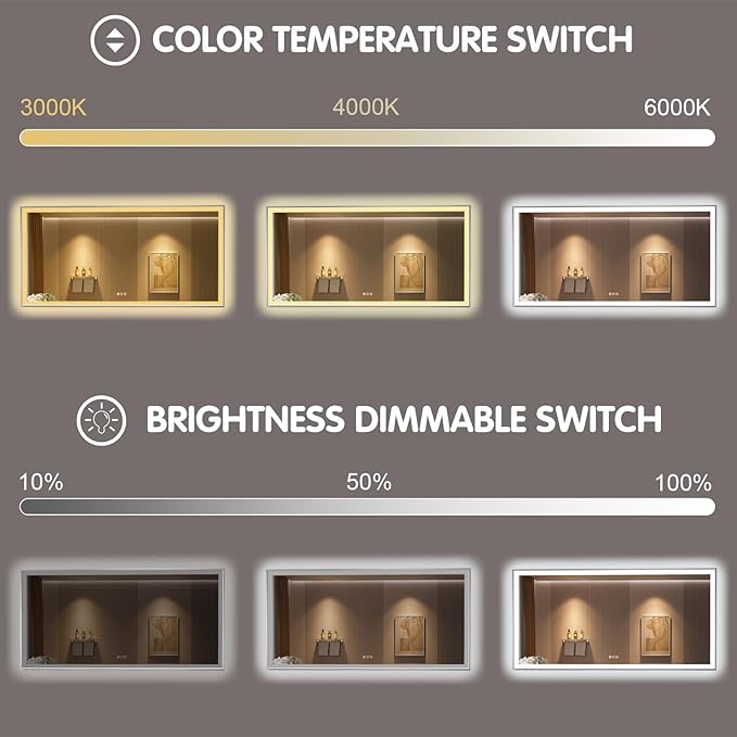 72x32 Silver LED Bathroom Mirror, Rectangle Brushed Nickel Lighted Mirror for Wall, Stepless Dimmable Led Vanity Mirror with Front-lit and Backlit, Tempered Glass, Anti-Fog, Memory