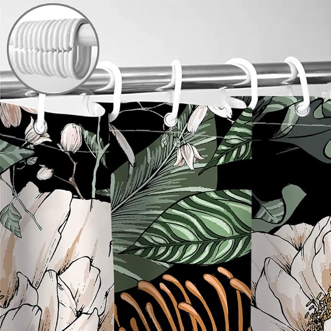 Sanzugh Boho Floral Shower Curtain, Pretty Vintage Bohemian Flower Botanical Leaves Fabric Shower Curtains Set for Bathroom Decoration with Hooks 72 X 72 inch Black Dark Bath Decor
