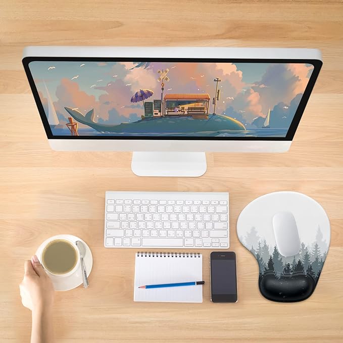 Hsurbtra Ergonomic Mouse Pad with Wrist Rest Support, Gel Mouse Pads with Non-Slip PU Base, Pain Relief Memory Foam Computer Mat, Cute Office Supplies Desk Decro Accessories, White Forest