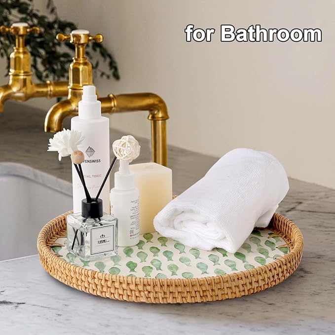 Round Rattan Tray with Mother of Pearl Inlay, Rattan Serving Tray for Coffee, Bread, Fruits, Decorative Wicker Tray for Table Decor, Home Decor, Kitchen Island Decor (Round Green Fish, 11.8")