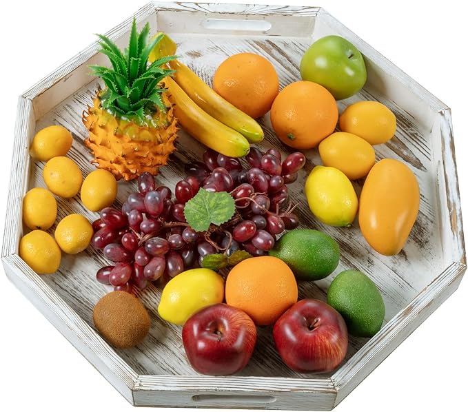 MyGift 20 Inch Shabby White Washed Solid Wood Decorative Octagon Shaped Tray, Wooden Octagonal Serving Platter with 4 Cutout Handles, Table Centerpiece Home Decor