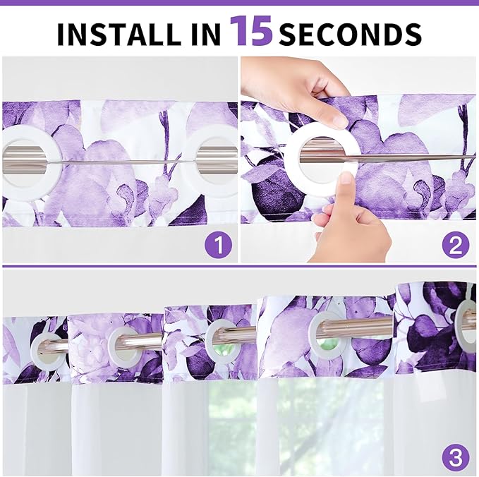 QiyI No Hook Shower Curtain with Snap in Fabric Liner, Purple Eucalyptus Shower Curtain with See Through Top Window, Waterproof Washable Cloth Ringless Shower Curtain Set for Bathroom, 72 x 75