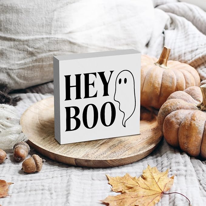 HTBIG Cute Ghost Halloween Hey Boo Wooden Box Sign Office Decor Room Decor, Suitable family room Computer Desk Dressing Table 5 x 5 Inch