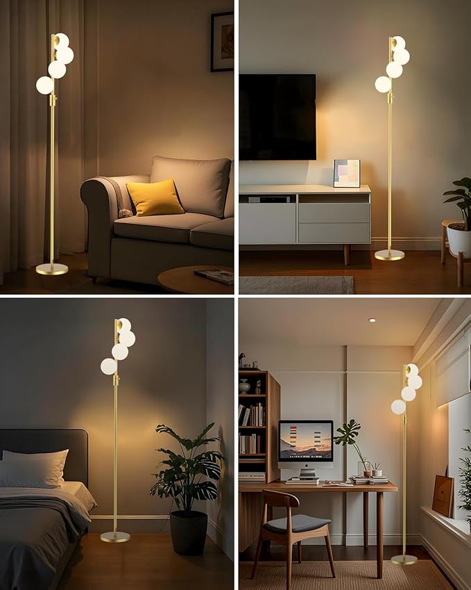 Lightdot 64IN Dimmable (Brightness Adjustable) Globe Floor Lamp, Gold Standing Lamps with 4PCS 3000K G9 Bulbs Soft Warm White Eye Care, Mid Century Modern Floor Lamp for Living Room