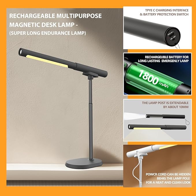 LED Desk Lamp with USB Ports. Eye-Caring 3 Color Temperature Stepless Dimming Night Light for Reading, Workbench. 4-in-1 Multi-Function Magnetic Detachable Desk Lamp with SOS Mode for Outdoor Camping.