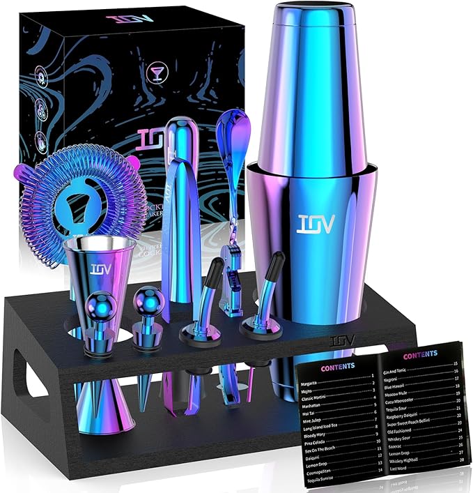 IOV Cocktail Shaker Set: 12-Piece Mixology Bartender Kit Bar Set | 18oz & 28oz Boston Shaker Drink Mixing Tools for Home with Recipe Booklet and Stand | Fun Housewarming Gift (Rainbow)