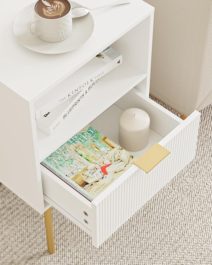 Masupu Night Stand, Mid-Century Bedside Table with Storage Drawer and Open Wood Shelf, Small Gold Frame Flueted Nightstand, Side Table for Bedroom, Living Room, White(Tall 25'')