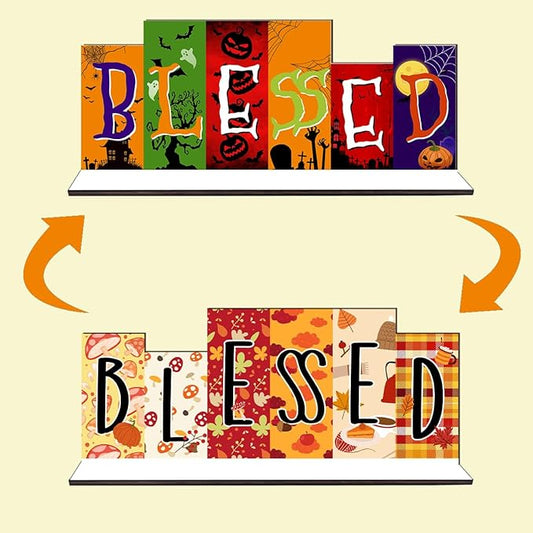 Fall Halloween Office Decor Wooden Table Desk Sign Decorations Reversible Double Side Halloween and Autumn Tabletop Sign Fall Thanksgiving Centerpiece Farmhouse Decor for Home Office Party Desk