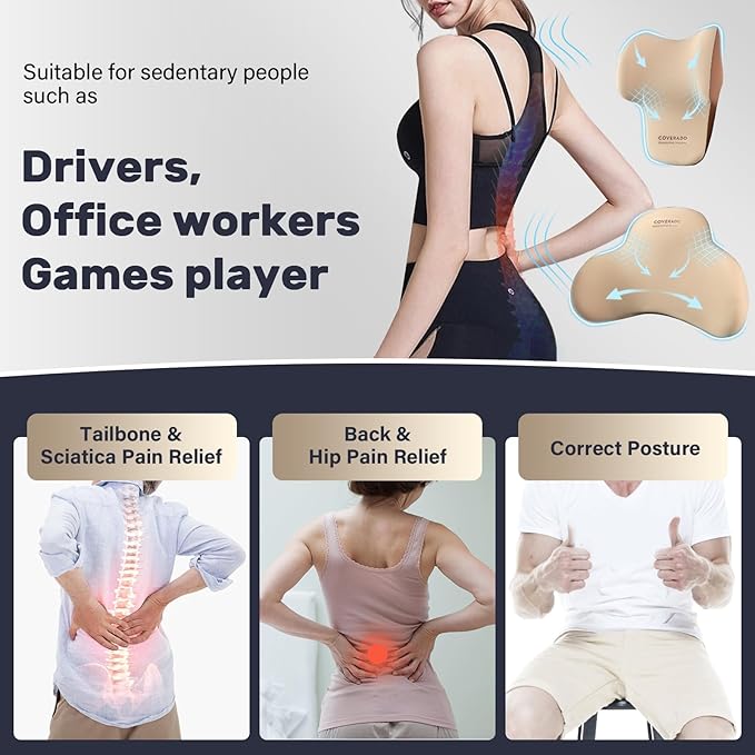 Coverado Lumbar Support and Headrest Pillow for Car, Memory Foam Ergonomic Head Neck Support Pillow for Driving Seat, Back Support and Pain Relief, Seat Cushion for Car, Driver, Office