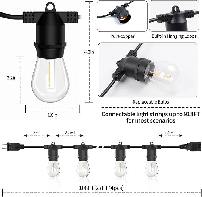 108FT LED Outdoor String Lights, IP65 Waterproof, S14 Shatterproof 27FT*4 Pack Outdoor String Lights (Maximum 918FT) Edison Vintage Bulbs Patio, Balcony, Deck, Garden Lights