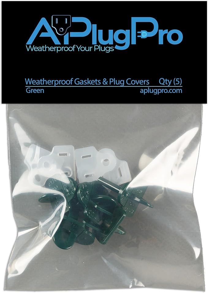 The Original Weatherproof Gaskets & Plug Covers - Made in USA, Outdoor Waterproof GFCI Protectors, Christmas Light Installation, Extension Cords, Stop GFCIs from Tripping (Green, Qty 5) - by APlugPro