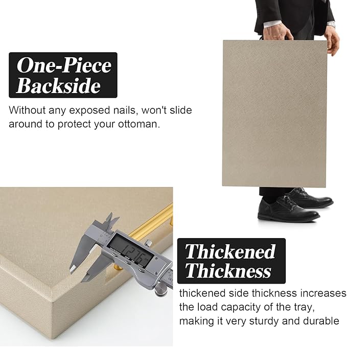 Champagne Faux Leather Serving Tray with Handles,20x14 inches, Large Decorative Tray for Ottoman Coffee Table Decor Living Room, Kitchen, Bathroom