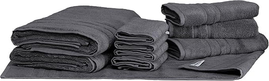 Mosobam Luxury Turkish 10pc Deluxe Bath Bundle Body Hand Face Towel and Mat Charcoal Gray (Dark Grey) 700 GSM & 1000 GSM Bamboo Viscose & Aegean Turkish Combed Cotton