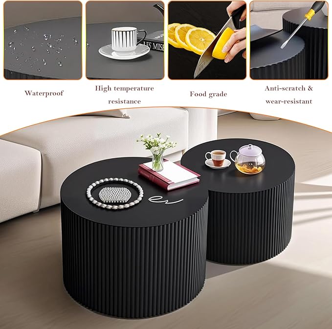 Black Round Fluted Coffee Table Set of 2 - Handcraft Embossed Design, Stylish Combination Center Drum Table for Living Room - No Assemble Needed (D-18.9IN+15IN)