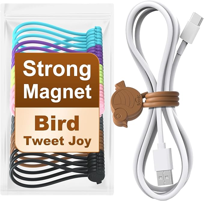 Playful Bird Magnetic Cable Ties – 24 Pack, Reusable Silicone Cord Organizers for Home & Office, Strong Magnetic Hold, Assorted Colors, Ideal for Cable Management & Gift Idea