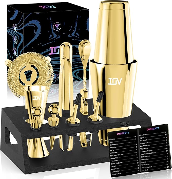 IOV Cocktail Shaker Set: 12-Piece Mixology Bartender Kit Bar Set | 18oz & 28oz Boston Shaker Drink Mixing Tools for Home with Recipe Booklet and Stand | Fun Housewarming Gift (Gold)