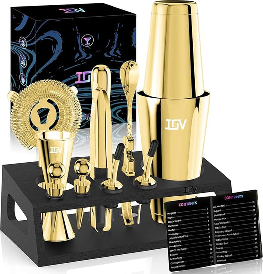 IOV Cocktail Shaker Set: 12-Piece Mixology Bartender Kit Bar Set | 18oz & 28oz Boston Shaker Drink Mixing Tools for Home with Recipe Booklet and Stand | Fun Housewarming Gift (Gold)