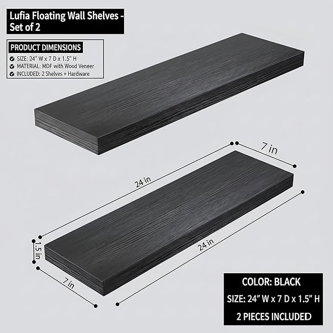 Lufia Floating Wall Shelves, Set of 2, MDF with Invisible Brackets, Modern Storage for Bedroom, Bathroom, Living Room, Kitchen (Black, 24" W x 7" D x 1.5" H)
